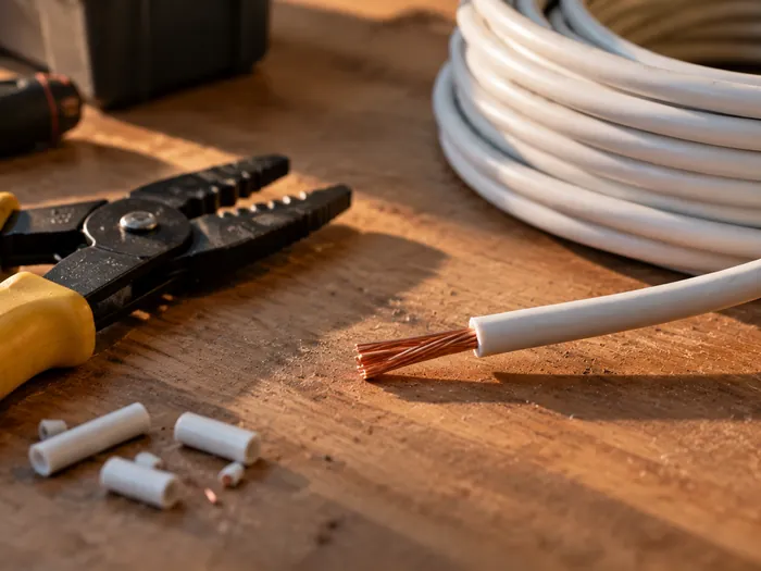 Close detail of a freshly stripped copper wire end lying beside wire strippers and a coil of cable on a wooden work surface