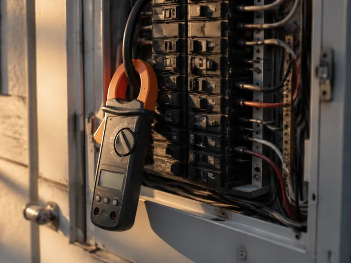 A clamp meter hooked around a single black wire inside an open breaker panel, with the other breakers soft in the background