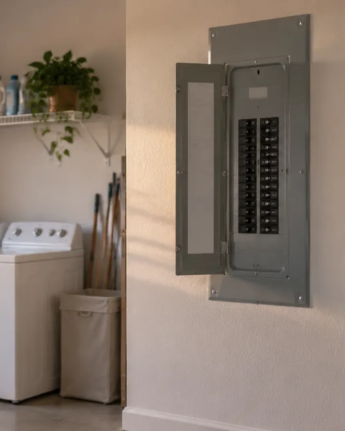 New gray breaker panel with its door open in a laundry room