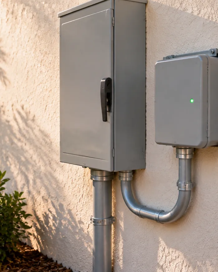 Surge protector mounted beside an outdoor main disconnect