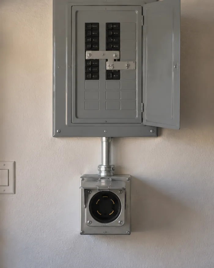 Generator inlet box mounted below a sub-panel in a garage