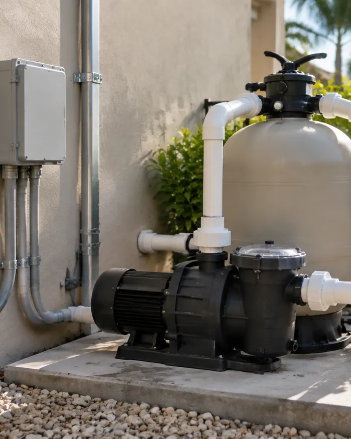 Rewired weatherproof junction box beside a pool pump and filter