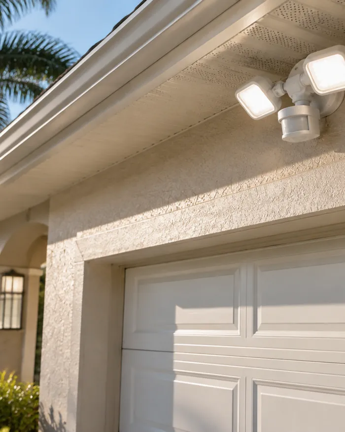 New flood lights mounted under a garage eave